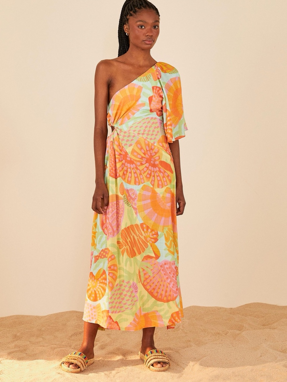 Farm Rio Green Orange Marine Beach Seashell Cutout Maxi Dress Sz S Tropical